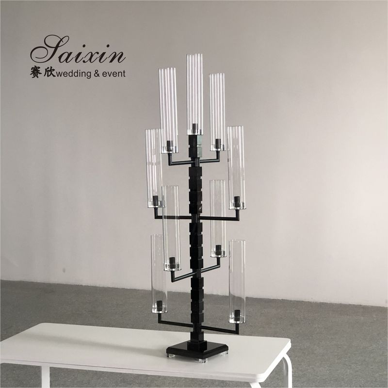 Elegant Trendy 9 Arm Crystal Candelabra for Interior Decor custom tall tube black  Silver