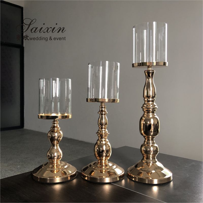 Three Piece Golden Tall Metal Candle Holders Set Candlesticks Small 45CM
