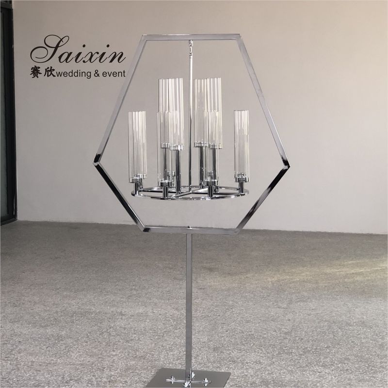 Silver Hanging Metal And Crystal Candelabra Hexagon Frame Stand 12 Arms