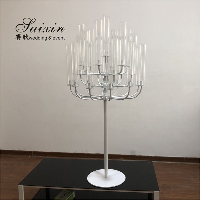 New wedding decoration tall 25 arms White standing metal candelabras with glass chimney
