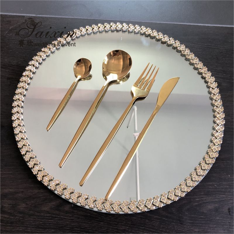 SX-P054 New Luxury Diamond Rim Mirror Glass Plate For Weddings Event